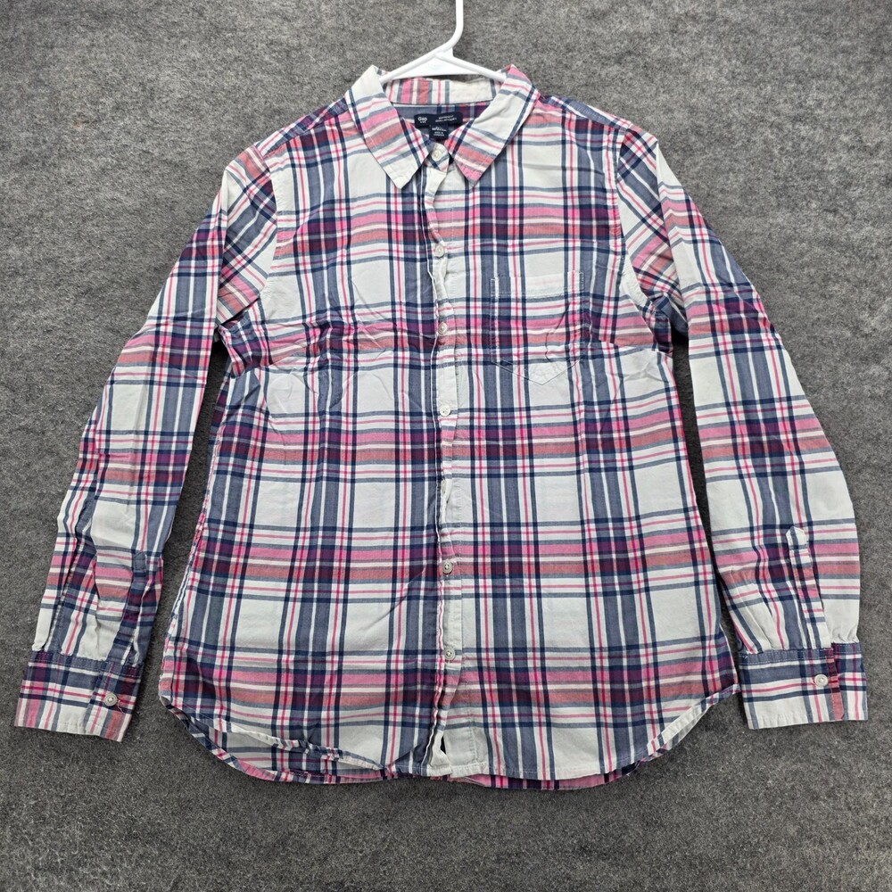 GAP Shirt Womens XS Button Up Boyfriend Fit Pink Plaid
